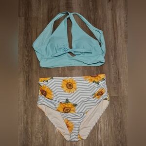 Sunflower Print Halter Bikini Set - Light Blue and Yellow